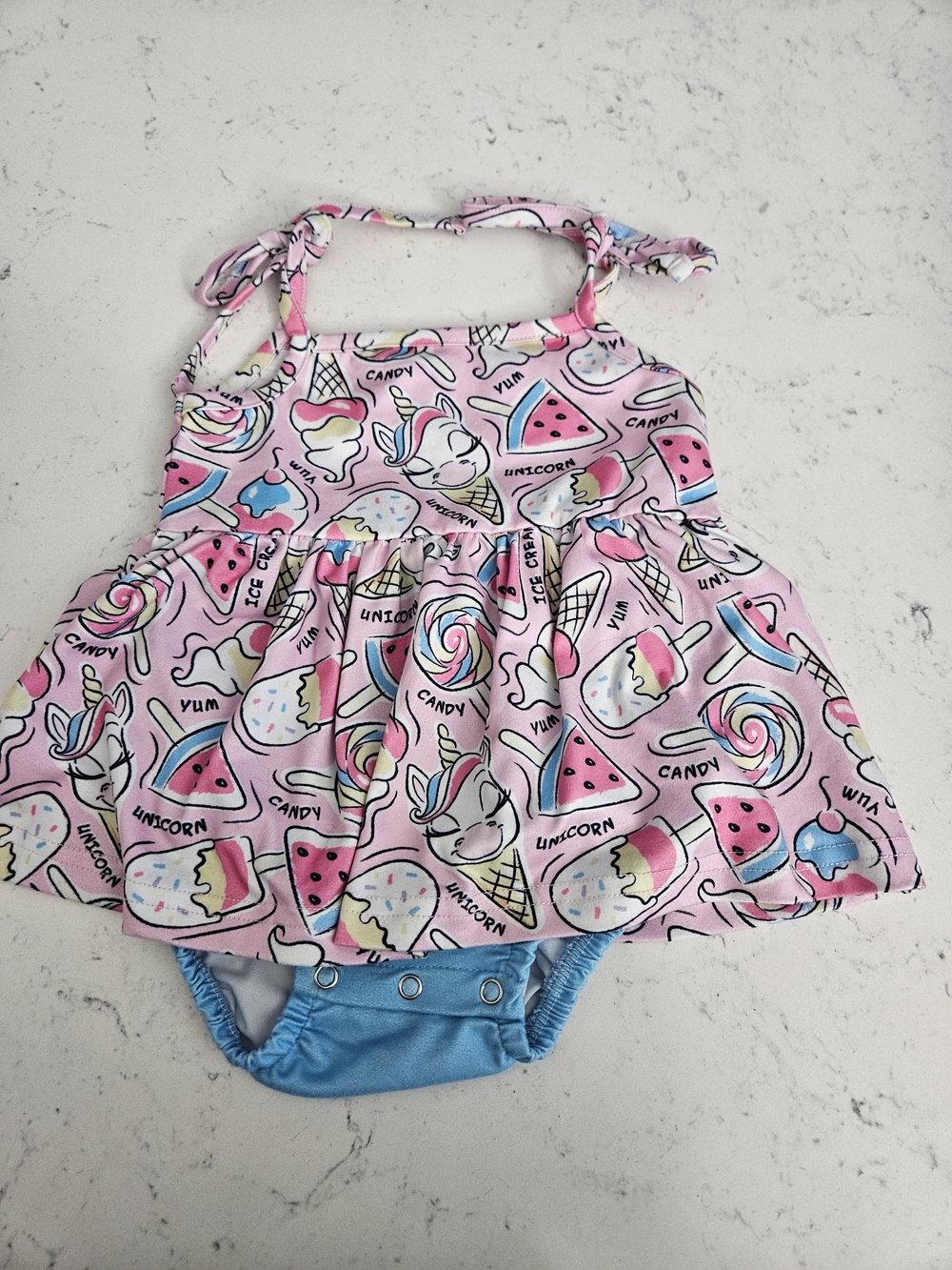 Pink Unicorn & Candy Print Infant Sunsuit Bodysuit